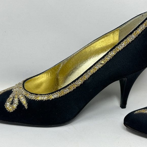 Rene Caovilla Wilkes Bashford Italy  Pump Heels Black Gold Satin Crystal Size 8 - Picture 13 of 14